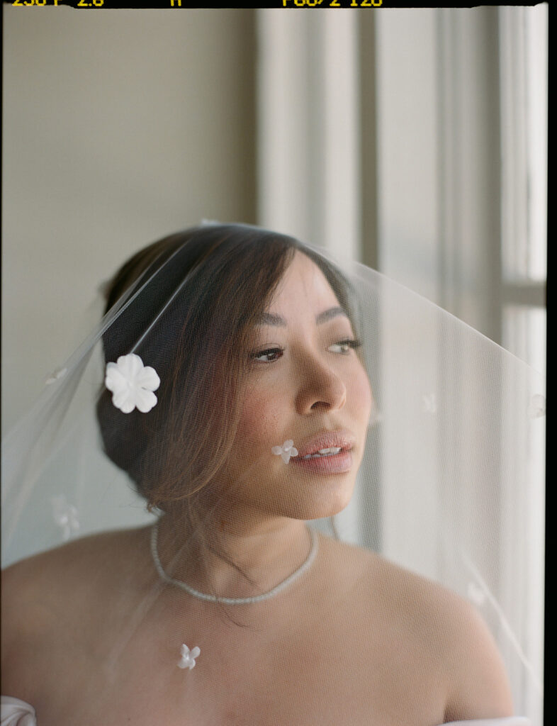 Floral Appliqué Wedding Veil Close-Up Close-up of bride’s veil featuring delicate white floral appliqué over soft blush fabric.