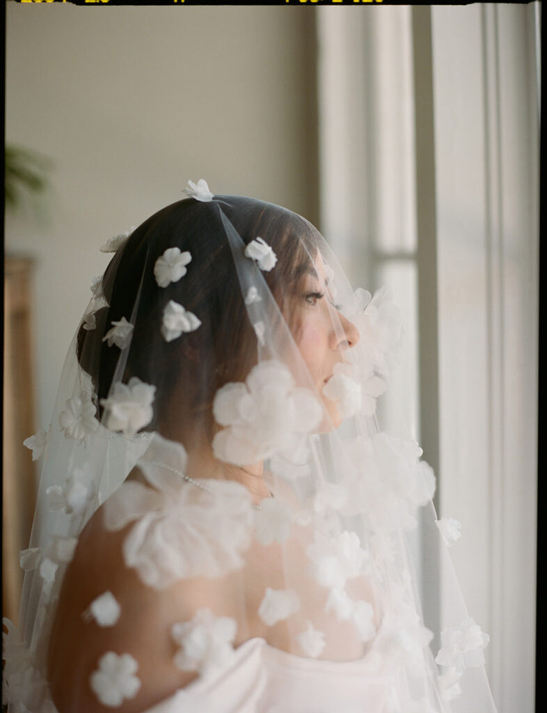 Floral Appliqué Wedding Veil Close-Up Close-up of bride’s veil featuring delicate white floral appliqué over soft blush fabric.
